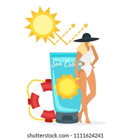 Vector cartoon style illustration of beautiful woman in swim suit standing new big tube with sun block creme. Uv reflection after protection. Minimalism design. Uva and uvb shield concept.