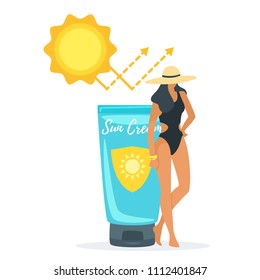 Vector cartoon style illustration of beautiful black hair woman in swim suit standing new big tube with sun block creme. Uv reflection after protection. Minimalism design. 