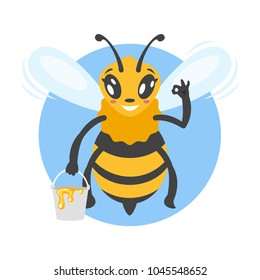 Vector cartoon style illustration of bee character holding bucket of honey and showing an okay gesture.