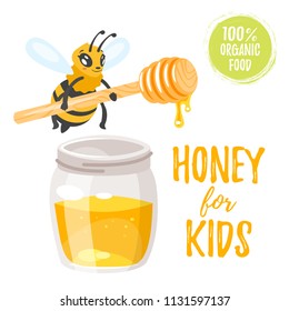 Vector cartoon style illustration of bee character holding wooden stick dipper. Glass honey jar.