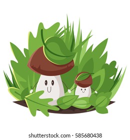 Vector cartoon style illustration of big and small forest mushrooms. Icon for web. Isolated on white background.