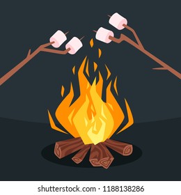 Vector cartoon style illustration of bonfire with logs. Fire flames icon for web. Someone fries marshmallow on a campfire