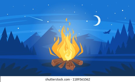 Vector cartoon style illustration of bonfire with logs. Fire flames design. Calm night mountain forest scenery. Horizontal composition.