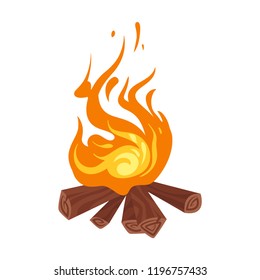 Vector cartoon style illustration of bonfire with logs. Fire flames icon for web. Isolated design on white background.
