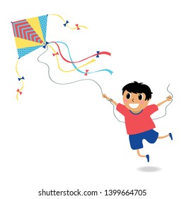 Vector cartoon style illustration the boy runs and launches a kite into the sky,isolated on white background