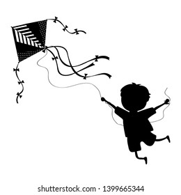 Vector cartoon style illustration the boy runs and launches a kite into the sky, black silhouette on white background