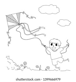 Vector cartoon style illustration the boy runs and launches a kite into the sky,linear silhouette on white background for coloring
