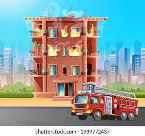 Vector Cartoon Style Illustration Of Building On Fire With Fire Brigade Car In Front To Rescue. On City Skyscrapers Background.