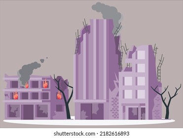 Vector cartoon style illustration of building on fire with fire brigade car in front to rescue. Fire in burning buildings on city street orange flame cityscape. Burning city ruins in fire