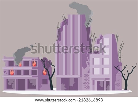 Vector cartoon style illustration of building on fire with fire brigade car in front to rescue. Fire in burning buildings on city street orange flame cityscape. Burning city ruins in fire