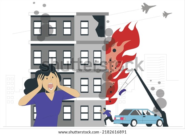 Vector\
cartoon style illustration of building on fire with fire brigade\
car in front to rescue. Fire in burning buildings on city street\
orange flame cityscape. Burning city ruins in\
fire