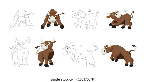 Vector cartoon style illustration of bull farm animal coloring book page set. Isolated on white background. Cow symbol of the 2021 Chinese New Year