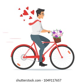 Vector cartoon style illustration of businessman in love on red bike with flowers. Eco lifestyle. Isolated on white background.