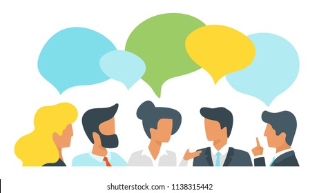 Vector cartoon style illustration of businessman and businesswoman with speech bubbles. Discussing news or chatting. Business meeting.