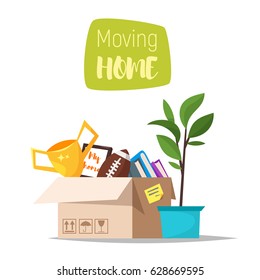 Vector cartoon style illustration of cardboard boxes with home stuff inside. Concept for home moving. Isolated on white background. 