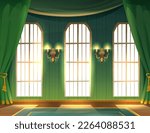 Vector cartoon style illustration. Castle indoor interior. Hall luxury medieval palace with big windows and long green curtains with wall lamps.