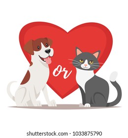 Vector cartoon style illustration of cat and dog and the giant heart on the background. Versus concept. Make a choice; cat or dog. 