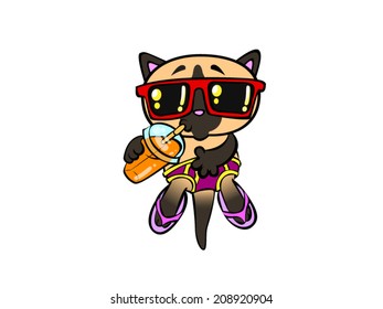 Vector cartoon style illustration. Cat drinks lemonade on a beach. Summer vacation. Hot weather. Cute hipster kitten. Home pet. Rest on vacation. Home pet.  Animal isolated on white background. 