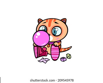 Vector cartoon style illustration. Cat chewing a bubble gum. Cute baby kitten. Home pet.  Animal isolated on white background. Use as T-shirt print, article illustration