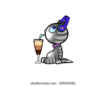 Vector cartoon style illustration. Cat in headphones drinking coffee from a glass. Cute baby kitten. Home pet.  Animal isolated on white background. Use as T-shirt print, article illustration