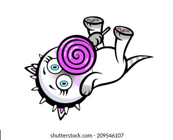 Vector cartoon style illustration. Cat licking a pink lolly-pop. Cute baby kitten. Home pet.  Animal isolated on white background. Use as T-shirt print, article illustration