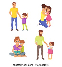 Vector cartoon style illustration of Caucasian family members, parents with their children: father and son, mother and daughter. Isolated on white background. 