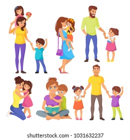 Vector cartoon style illustration of Caucasian family members, parents with their children: father and son, mother and daughter. Isolated on white background. 