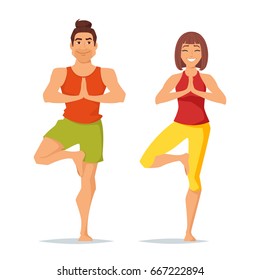 Vector cartoon style illustration of characters man and woman doing yoga. Isolated on white background.