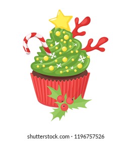 Vector cartoon style illustration of Christmas and New Year sweet cupcake. Muffin isolated on white background. Yummy dessert decorated with candy cane, reindeer horns and yellow star.