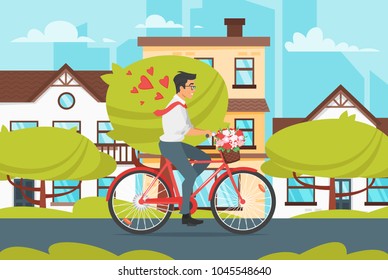 Vector cartoon style illustration of city landscape. Urban skyline. Modern skyscrapers and city transport. Businessman in love on red bike with flowers. Eco lifestyle.