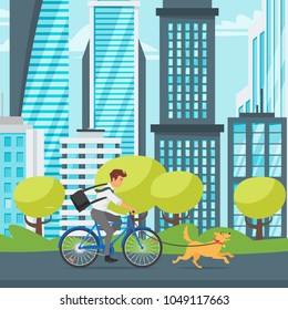 Vector cartoon style illustration of city landscape. Urban skyline. Modern skyscrapers and city transport. Businessman riding on the bike and hurrying to work with his dog to the dog friendly office.