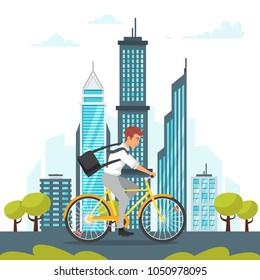 Vector Cartoon Style Illustration Of City Landscape. Urban Skyline. Modern Skyscrapers And City Transport. Businessman Riding On The Bike And Hurrying To Work. Eco Lifestyle.