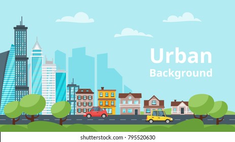 Vector  cartoon style illustration of city landscape. Urban skyline. Modern skyscrapers and city transport.  