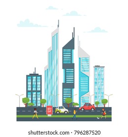 Vector  cartoon style illustration of city landscape. Urban skyline. Modern skyscrapers and city transport.  