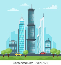 Vector  cartoon style illustration of city landscape. Urban skyline. Modern skyscrapers and city transport.  