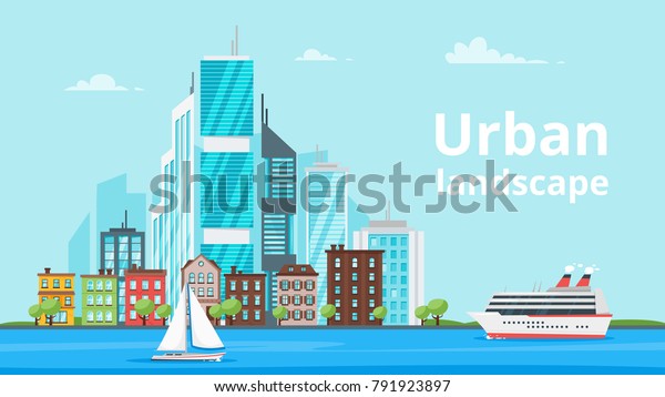 Vector \
cartoon style illustration of city landscape. Urban skyline. Modern\
skyscrapers and city marine transport. \
