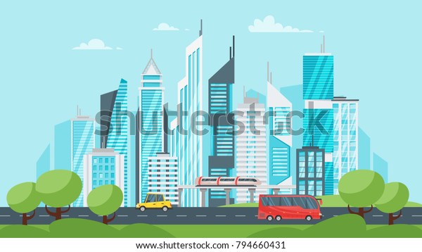 Vector  cartoon\
style illustration of city landscape. Urban skyline. Modern\
skyscrapers and city transport. \

