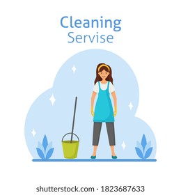 Vector cartoon style illustration of cleaning service woman character. Housekeeping icons. Isolated on white background.