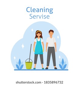 Ilustración vectorial de estilo caricatura del servicio de limpieza del personaje de hombre y mujer. Iconos de la casa. Aislado sobre fondo blanco.
