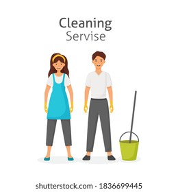 Vector cartoon style illustration of cleaning service man and woman character. Housekeeping icons. Isolated on white background. Vector illustration