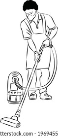 Vector cartoon style illustration of cleaning service women cleaning floor and vacuuming using vacuum cleaner. Doodle style line art drawing. 