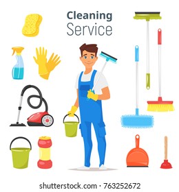 Vector cartoon style illustration of cleaning service man character. Housekeeping icons. Isolated on white background.