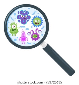Vector cartoon style illustration of colorful funny bacteria characters through magnifying glass. Good and bad flora microbes. Isolated on white background.