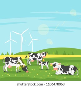 Vector cartoon style illustration of cows graze in a field with eco windmill. Good sunny day. Nature background.