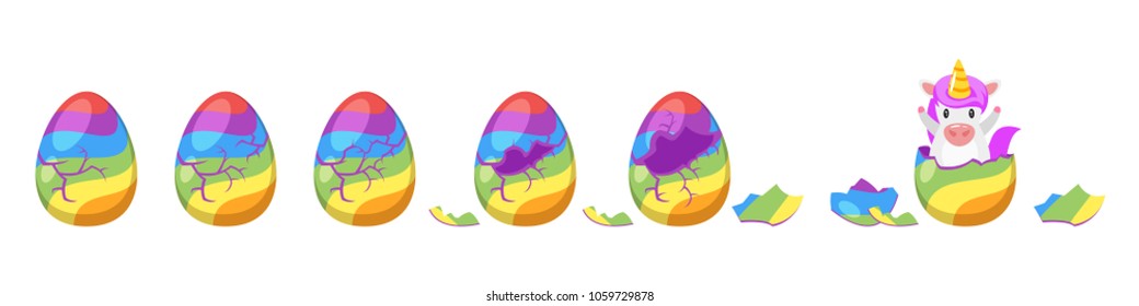 Vektorgrafik-Stil Illustration des Rissens bunter Regenbogen Farbe Ei für Animation. Aus dem Ei geschlüpftes, weißes Einhorn.