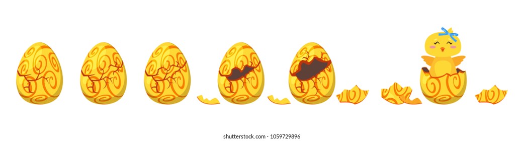 Vector cartoon style illustration of cracking colorful ornament Easter egg for animation. Cute yellow chick with green bow hatched from holiday egg.