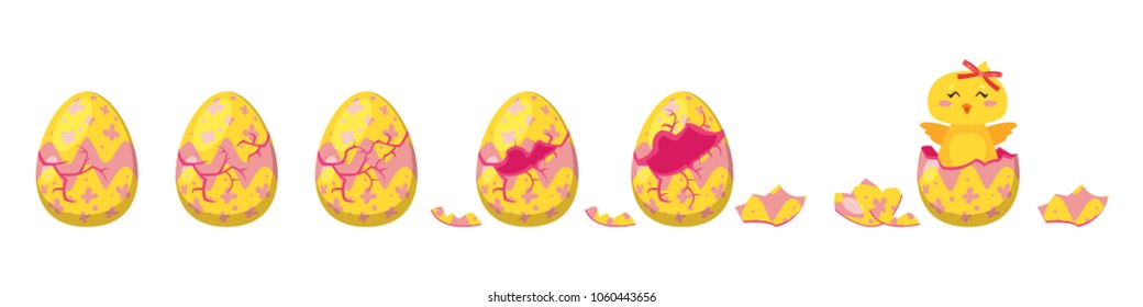 Vector cartoon style illustration of cracking colorful ornament Easter egg for animation. Cute yellow chick with red bow hatched from holiday egg.
