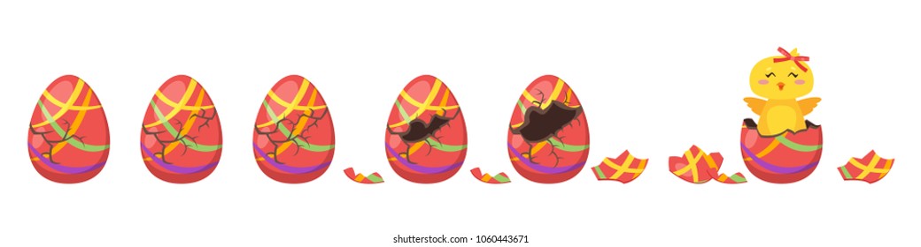 Vector cartoon style illustration of cracking colorful striped Easter egg for animation. Cute yellow chick with red bow hatched from holiday egg.