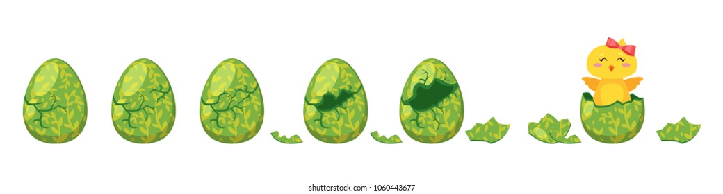 Vector cartoon style illustration of cracking colorful Easter egg for animation. Cute yellow chick with red bow hatched from holiday egg.