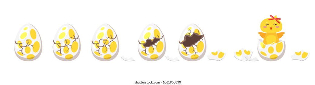 Vector cartoon style illustration of cracking colorful Easter egg for animation. Cute yellow chick with red bow hatched from holiday egg.